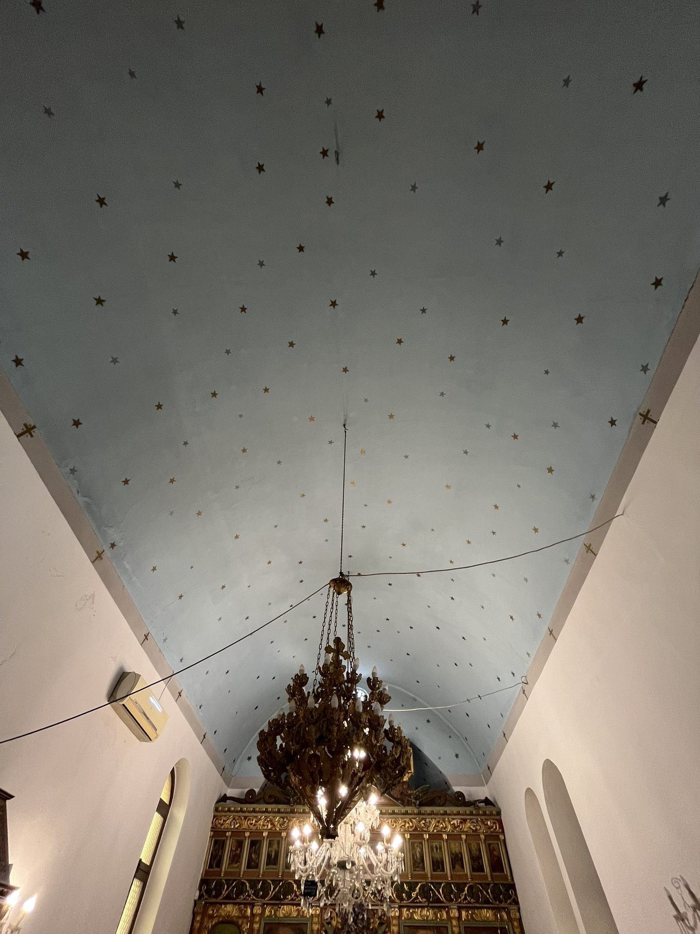 The blue ceiling painted with stars inside the church of Saint Panteleimon