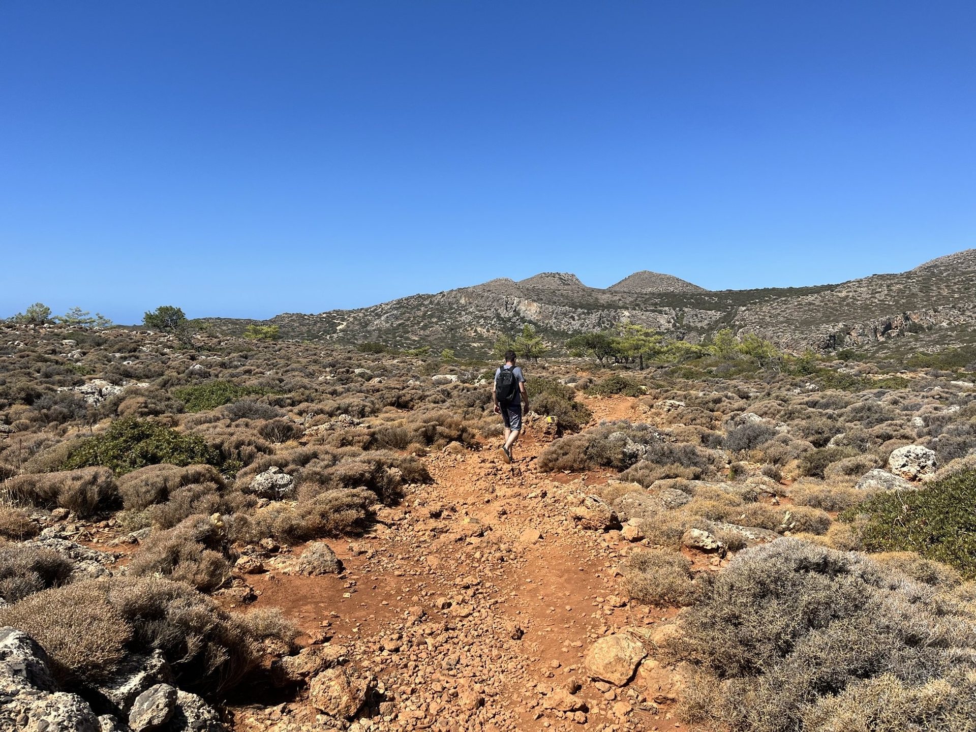 A walker on the red earth path across the headland between Sougia and Lissos