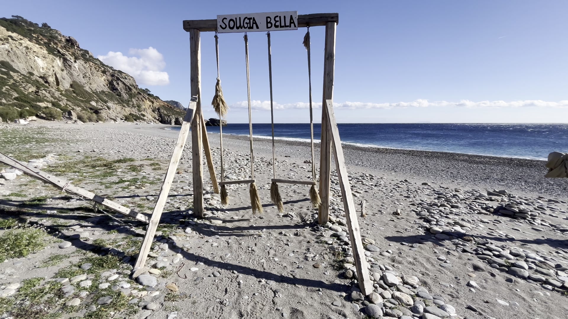 The Sougia Bella swings on the beach