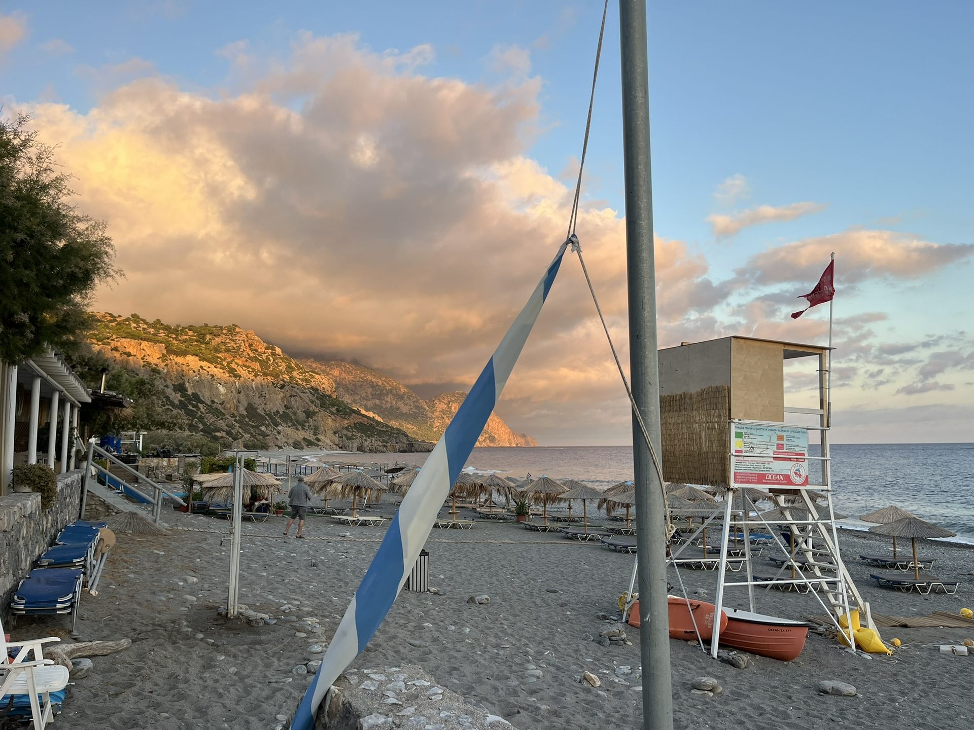 The lifeguard tower in golden evening light