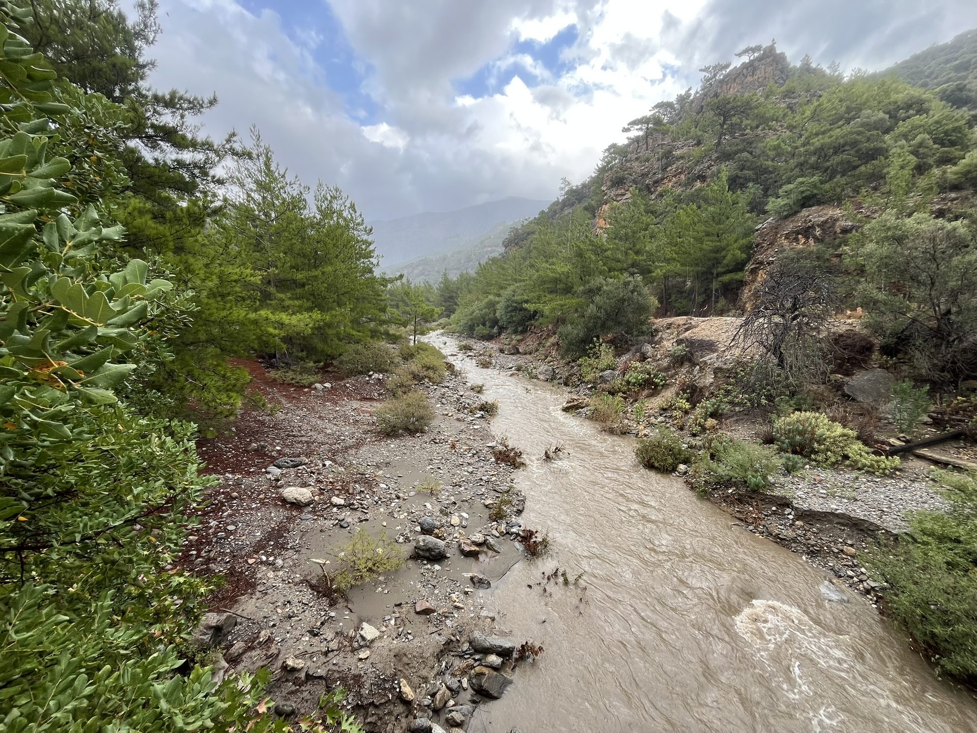 The swollen stream in a rocky gorge below the mountains